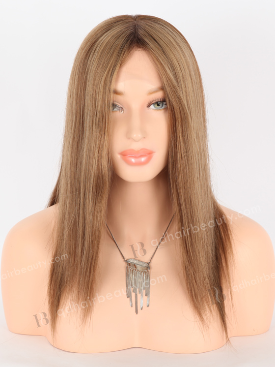 In Stock European Virgin Hair 14" All One Length Straight 8a/4/9# Highlights, Roots 4# Color Lace Front Silk Top Glueless Wig GLL-08070